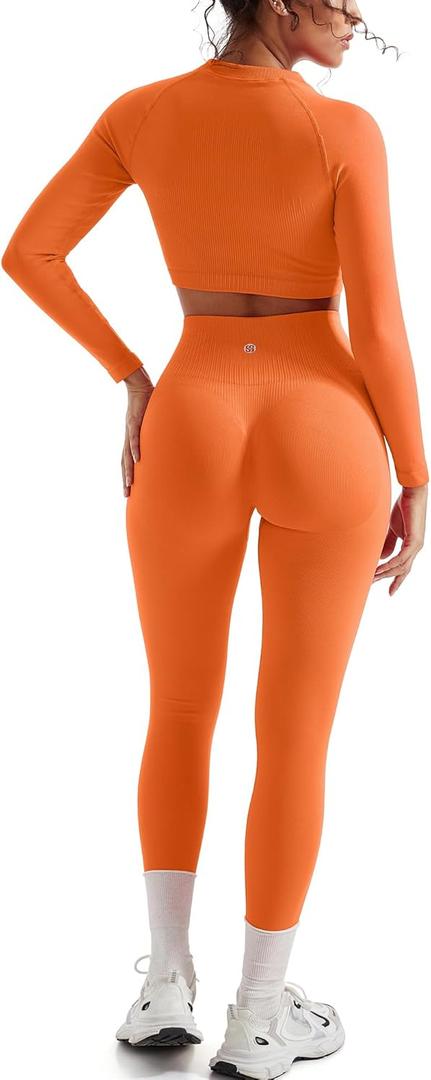 SUUKSESS Women 2 Piece Workout Sets Hidden Scrunch Hip Lifting Seamless Leggings Long Sleeve Yoga Crop Tops (Medium, Orange)