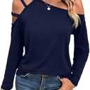 LilyCoco Womens Off The Shoulder Tops Asymmetrical Neck Long Sleeve Cut Out Shirts Navy Large
