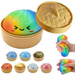 Glitter Dumpling Squishy, New Mystery Glitter Dumpling Squishies Box, Jumbo Squishy Toy with Steamer Box, Colorful Fidget Stress Balls, Soft Squeeze Decompression Dough Sensory Play Toy (Dazzling)