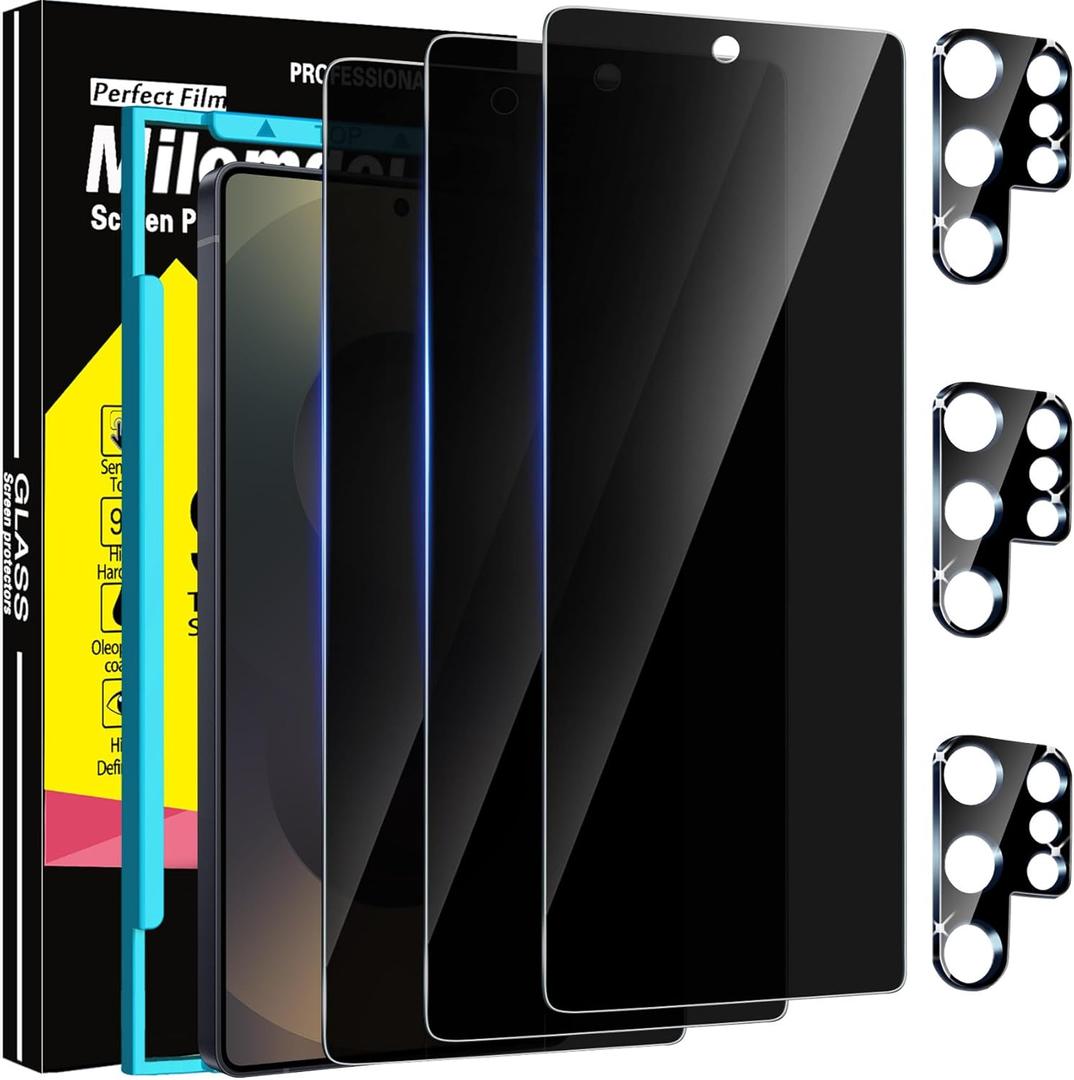 Milomdoi 3 Pack Privacy Screen Protector for Samsung Galaxy S25 Ultra Tempered Glass with 3 Pack Camera Lens Protector, Ultra 9H Accessories [Support Fingerprint Unlock] Black