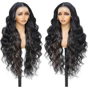 FABÉLLE Long Wavy Wig Black with Light Brown 13 * 6 Transparent HD Front Lace Wigs 32 Inches Body Wave Style Hair Synthetic Wig Heat-resistant Fiber for Various Hairstyles