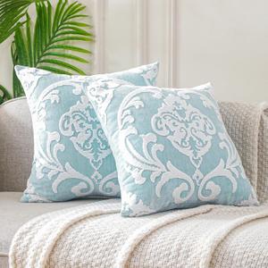 HPUK Embroidered Boho Throw Pillow Covers 18x18 inch, Set of 2 Emroidery Accent Couch Pillows for Living Room, Bedroom, Sofa, Chair, Sky Blue