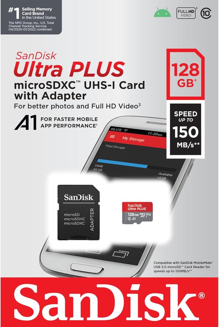 SanDisk Ultra Plus microSD Memory Card, 128GB