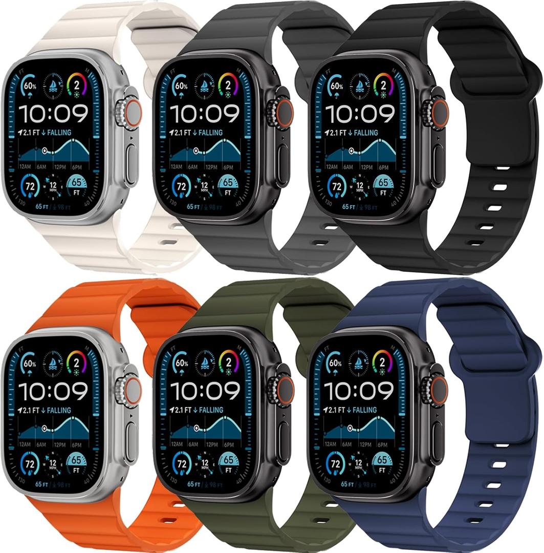 6 Pack Sport Bands for Apple Watch Ultra/3/2 Band 49mm 46mm 45mm 44mm 42mm 41mm 40mm 38mm iWatch Bands for Men Women,Waterproof Silicone Strap Wristband for Apple Watch Series 11 10 9 8 7 6 5 4 SE 3/2 (03-Starlight/Dark Grey/Black/Orange/Army Green/Navy Blue)