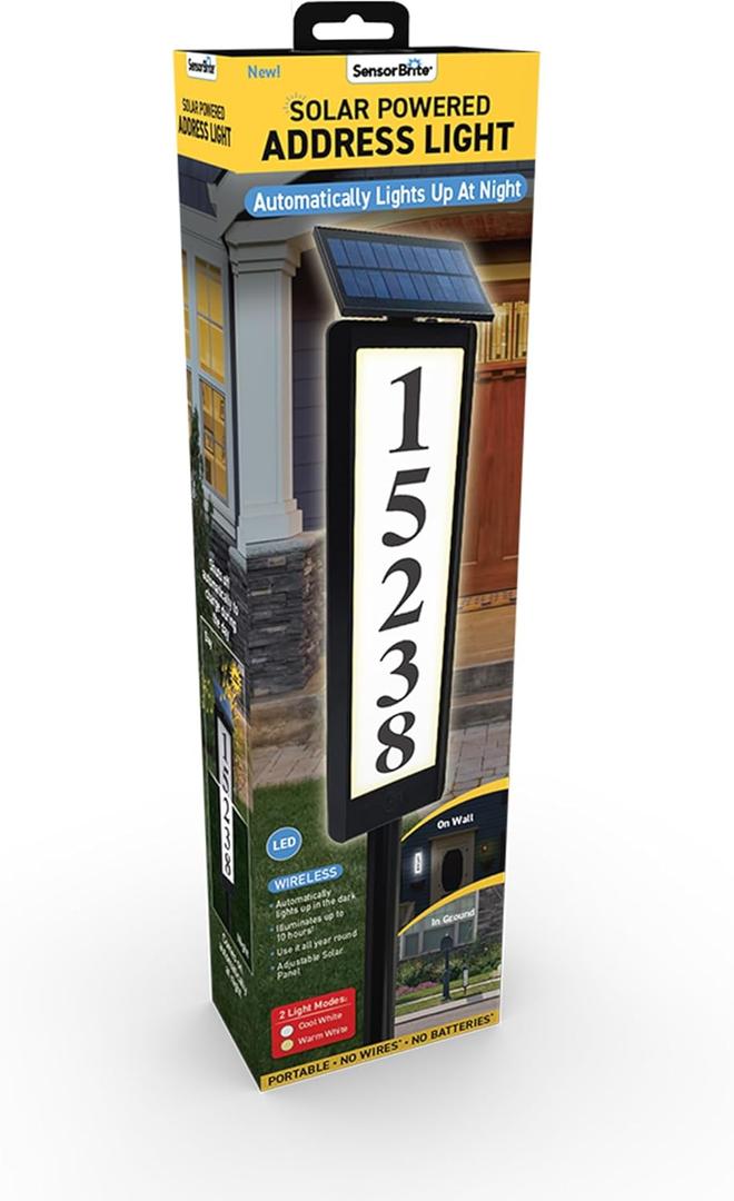 Sensor Brite Solar Powered Address Light, 360-Degree LED House Number Sign, Automatic & Adjustable Solar Address Sign, Includes 40 Numbers 4 X (0 to 9) & 26 Letters (A to Z)