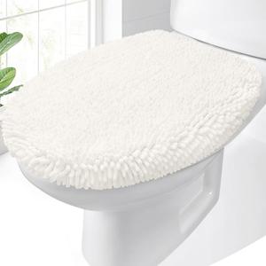 OLANLY Soft Chenille Bathroom Toilet Lid Cover, Machine Washable Seat Covers, 17.5x15, Stays in Place Rubber Backing, Fits Most Round, Elongated and Oblong Lids, Accessories Decor, Ivory