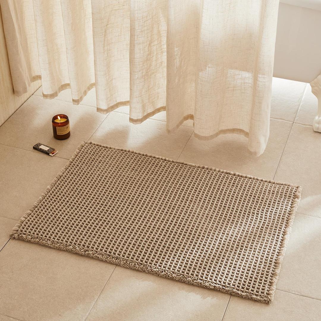 TYUU Waffle Bath Mat, Boho Bathroom Rugs Non Slip Washable Super Absorbent Quick Dry Bath Mat Farmhouse Bathroom Decor, 36"x24" Beige