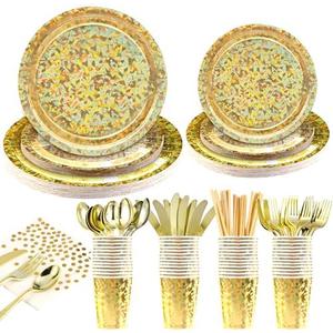 400Pcs Disposable Party Dinnerware Set, Paper Tableware Set, Disposable Party Supplies Happy Birthday Paper Plates, Napkins, Cups, Plastic Forks Knives Spoons Straws Favor for 50 Guests (Golden Glass)