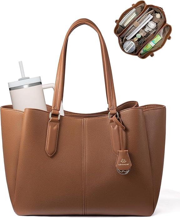LOVEVOOK Laptop Tote Bag for Women 15.6 In Work Bags with Triple Compartments Large Faux Leather Computer Office Briefcase (Brown)
