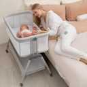 ANGELBLISS Baby Bassinet Bedside Sleeper, Easy Folding Portable Bassinet for Baby with Wheels, Adjustable Height, Included Mattress (Beige), Crib