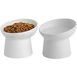 KITCHENLESTAR Ceramic Raised Cat Bowls, Elevated Tilted Cat Food and Water Bowls Set, Porcelain Stress Free Pet Feeder Dish for Cats and Small Dogs, Dishwasher and Microwave Safe, Set of 2(White)