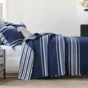 Y-PLWOMEN Quilt King Size - 100% Cotton King Size Bedspread, Navy Blue Striped Quilt for King Bed, Lightweight Reversible All Season, 3-Piece