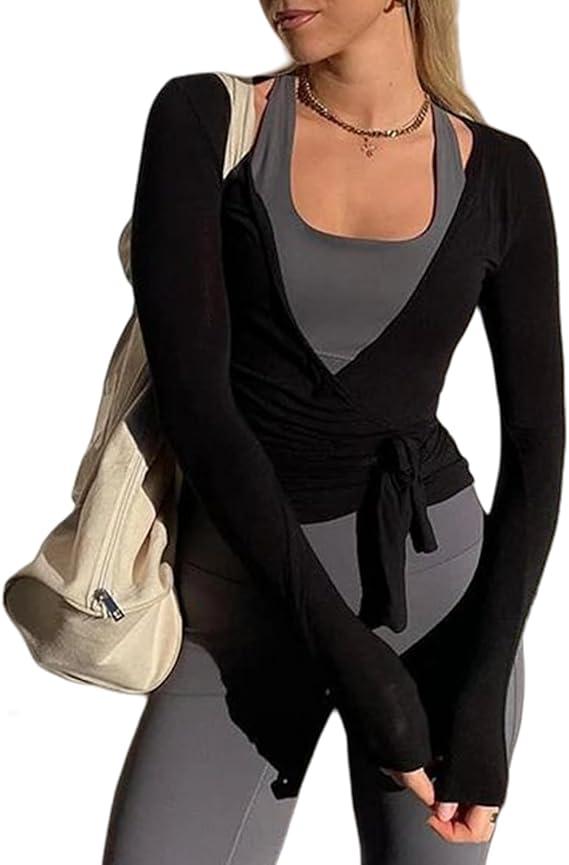 Women Wrap Top Long Sleeve Deep V Neck Cross Tie Workout Ballet Pilates Yoga Shirt XS 2 Pack White and Black
