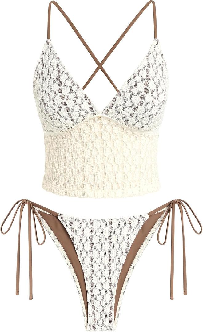 ZAFUL Women's Spaghetti Strap Tankini Swimsuits V Neck Tummy Control Tie Side Thong Bikini Swimsuits 2 Piece Bathing Suits (Brown, M)