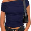 Darong Women's Summer Cap Sleeve Boat Neck Off Shoulder Top Going Out Slim Fit Tops Y2K Tight Shirts (Large, Dark Blue)