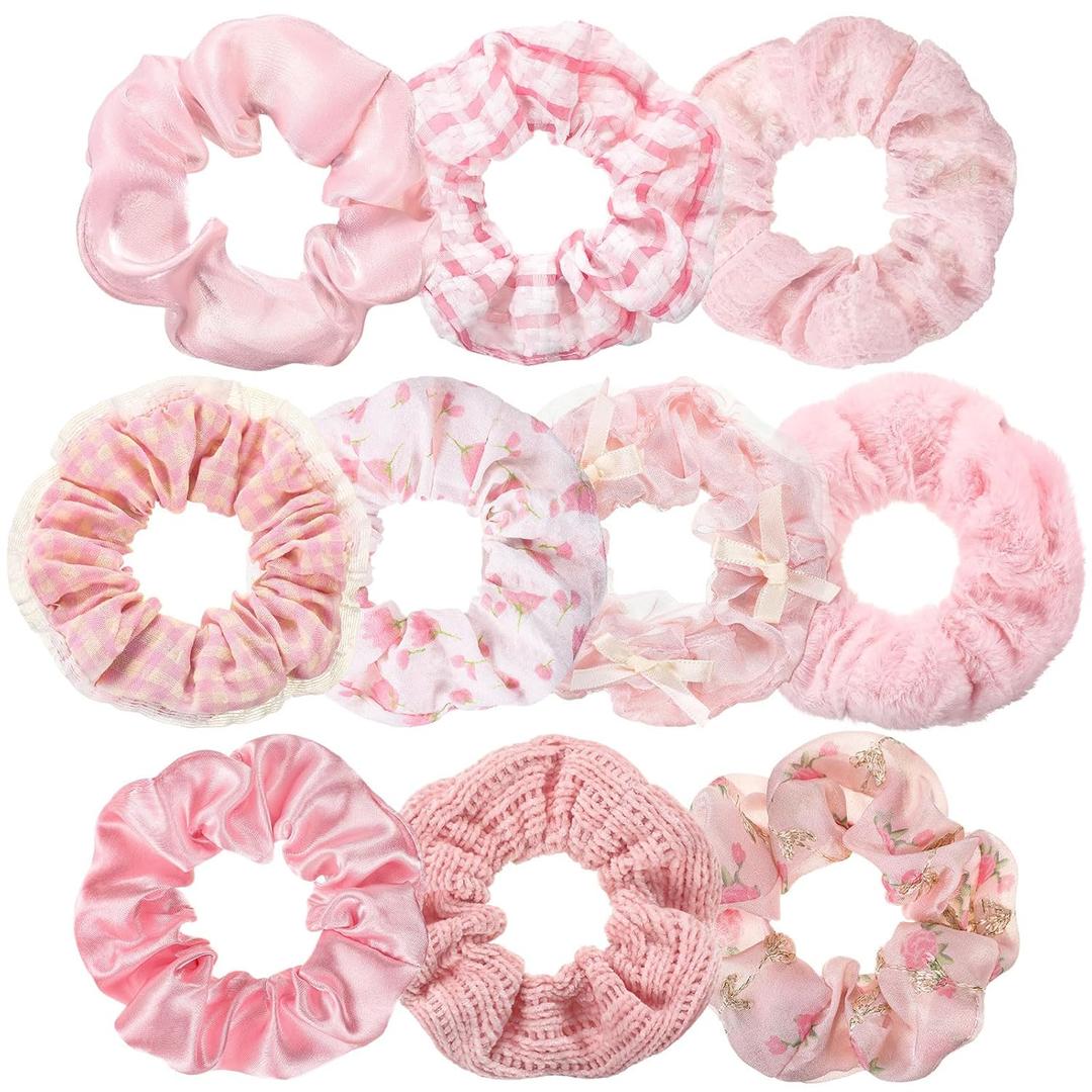 10 Pcs Hair Scrunchies for Women Satin Silk Scrunchies Fluffy Fuzzy Flower Plaid Bubble Hairties Bulk Elastic Hair Accessories for Women Gift (Pink)