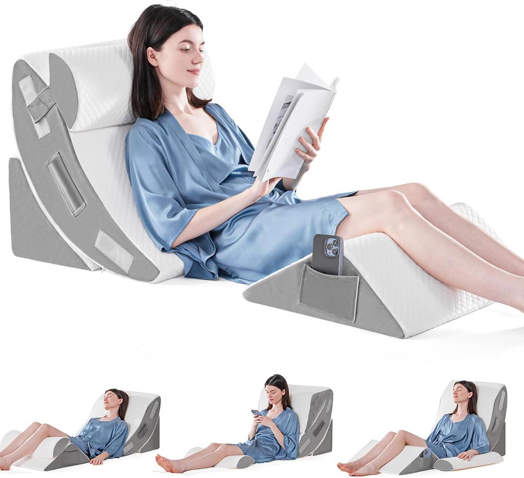 Yojoker 4PCS Orthopedic Bed Wedge Pillow Set for Sleeping, Post Surgery Foam Pillow for Body, Back and Leg Pain Relief, Triangle Adjustable Support Pillow - Acid Reflux, Anti Snoring & GERD Sleeping (White)