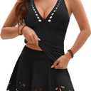 BMJL Womens Tankini Swimsuits with Skirt Tummy Control Bathing Suit V Neck Scalloped Swim Dress (Medium, Black)