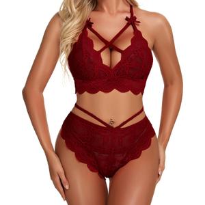 Namifin Women Lingerie Set Lace Bralette and Panty Set Strappy Lace Lingerie (Small, Dark Red)