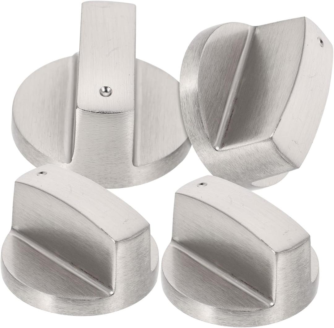 4-Pack Gas Stove Knobs Replacement, Universal Silver Metal Burner Control Knobs for Kitchen Gas Ranges and Ovens, 6mm D-Shaft Standard Fit, Rotary Cooktop Dial Set