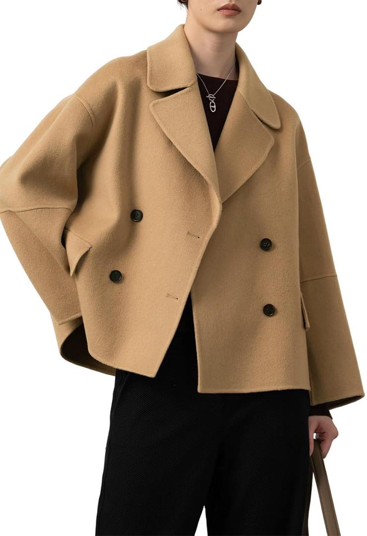 utcoco Women Cropped Wool Pea Coats Notched Lapel Double Breasted Crop Woolen Trench Coat Short Jackets with Pockets, Large