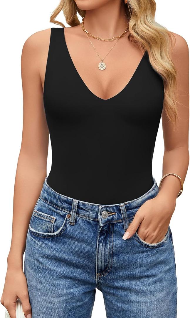 Avidlove Women's Sexy Plunge Deep V Neck Bodysuit Double Lined Sleeveless Thong Body Suit Leotard for Going Out Tank, Small