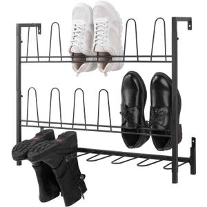 MyGift Premium Black Metal Hanging Wall Shoe Rack for Walk in Closet, Mudroom and Entryway, Wall Mounted Space Saving Boot and Shoe Rack Organizer, Holds 9 Pairs