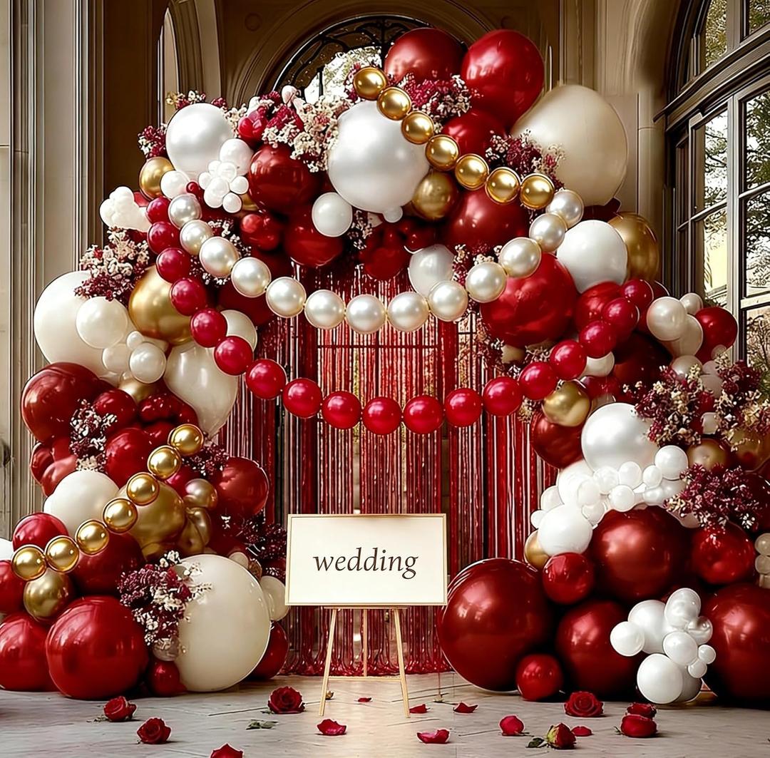 Red White Gold Balloon Arch Double Stuffed Burgundy Pearl White Sand Gold Balloon Garland Kit Red Linking Balloons Fringe Curtain for Birthday Bridal Shower Wedding Engagement Anniversary Party Decor