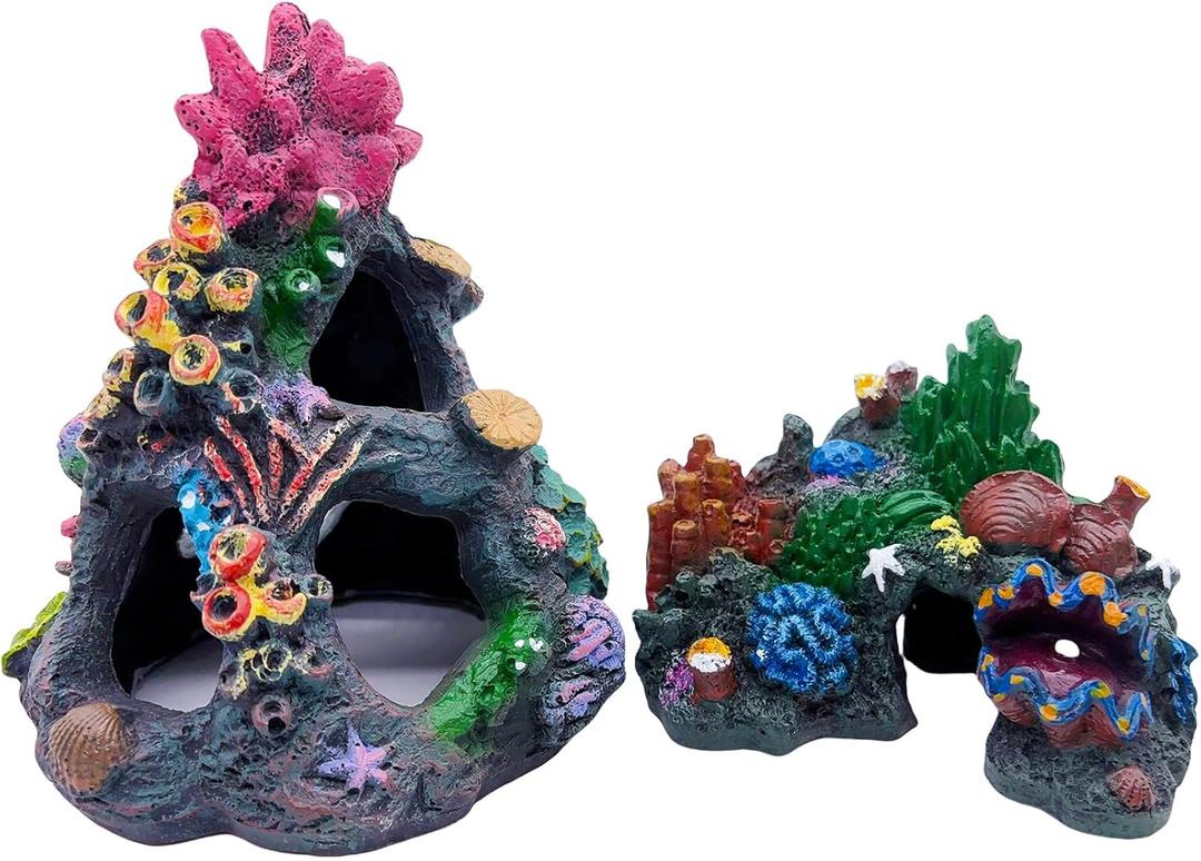 Tfwadmx Aquarium Coral Decoration Resin Fish Tank Hiding Mountain Cave Betta Hideaway House Rock Reef Ornament, 2 Pack