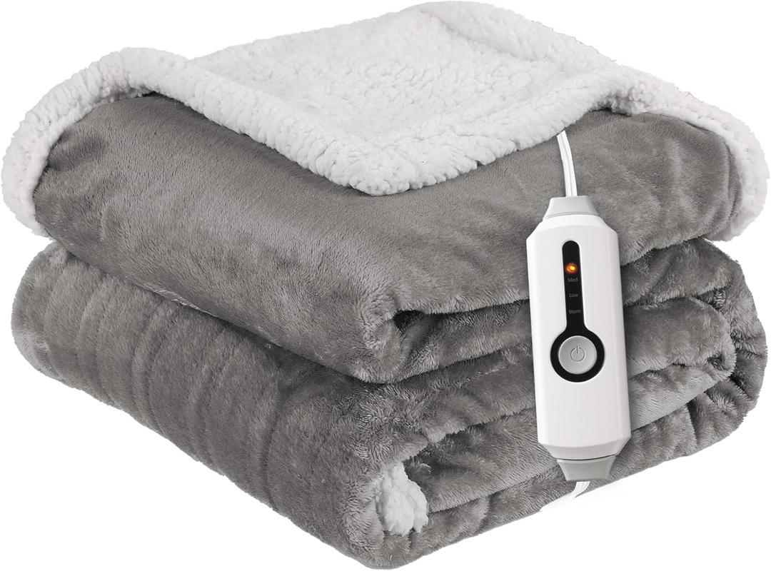 Electric Heated Blanket Twin Size 62"x84" - Dual-Sided with Microplush & Sherpa Fabric, 4 Heat Settings & 10 Hours Auto Off, Machine Washable - Light Gray
