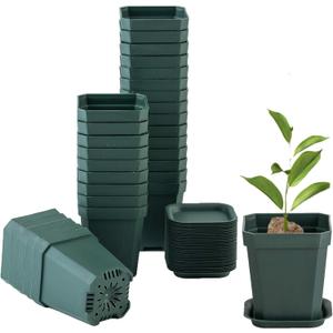 foxany 3" Plants Nursery Pot, 30 Pcs Thick Plastic Square Planting Pots, Plant Seedling Pots, Seed Starting Pots with 30 Saucers - Black-Green