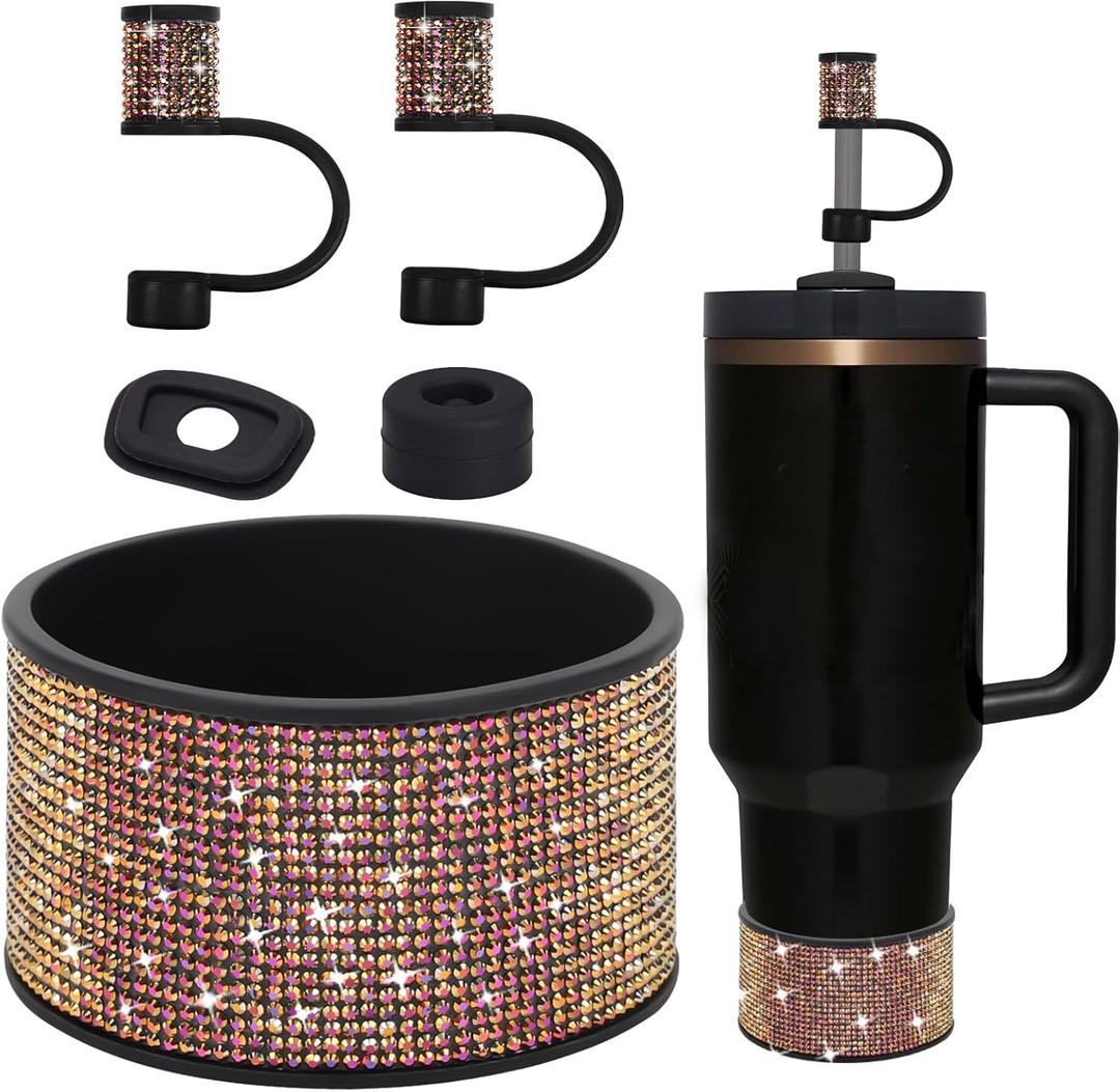 Rhinestone Stanley Cup Accessories Set, Diamond Glitter Silicone Boot for Stanley Accessories 40oz (Fit 30 oz, Black Gold)