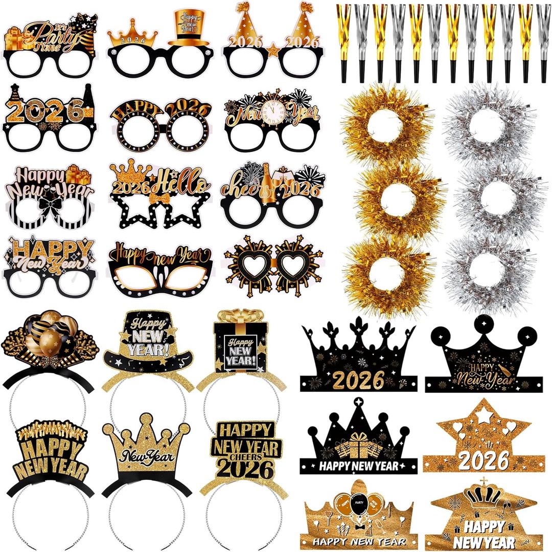 42 Pcs Black Gold Silver New Year's Eve Party Supplies 2026 Happy New Year Eve Party Supplies Headband Tiara Eyeglasses Noisemaker Bracelets Wreath for NYE Supplies 2026