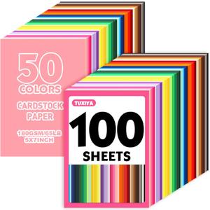100 Sheets 5" X 7" Colored Cardstock, 50 Assorted Colors Construction Paper Card Stock Printer Paper for Printing, Card Making, DIY Crafts,School Supplies,Party Decorations (180GSM/65LB)