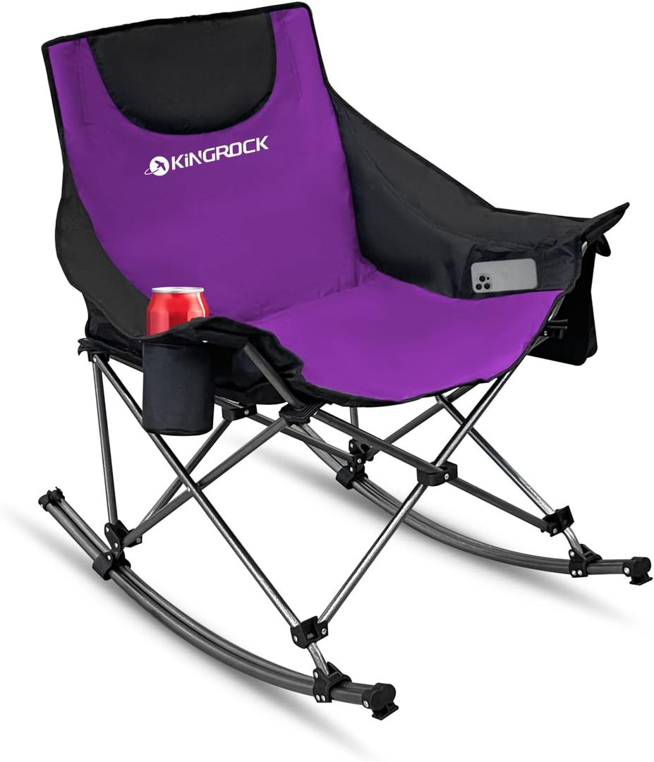 KINGROCK Oversized Rocking Camping Chair with Headrest and Carry Bag, 260LBS Capacity Folding Portable Camp Chairs for Adults, Recliner for Outdoor, Beach, Fishing, Travel, Sports Games,Purple