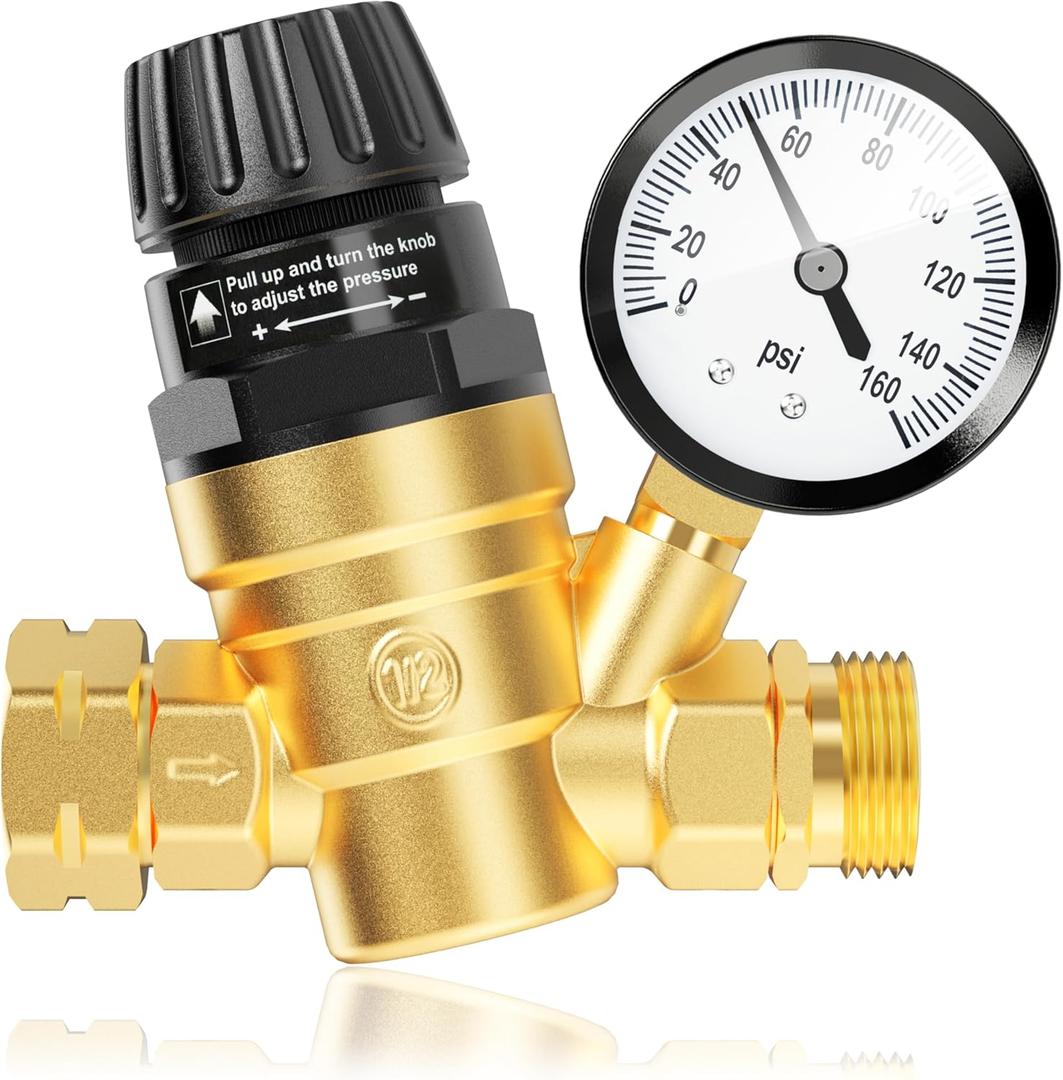 RV Water Pressure Regulator Valve, Brass Lead-Free Adjustable Water Pressure Reducer with Gauge and Inlet Filter for RV Camper and Travel Trailer