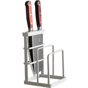 VANRA Metal Knife Block Without Knives, Multifunctional Knife Holder with 2 Layers Cutting Board Rack Dish Rack, Kitchen Storage Organizer,White (4.7"L X 5.5"W X 8.5"H - Without Draining Tray)