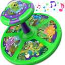 Flooyes Dinosaur Sit and Spin Toys for Toddlers Boys 1 2 3 Years Old, Birthday Gift for Boys Age 2-4 with LED Lights and Music, 360 Spin, Medium, Small