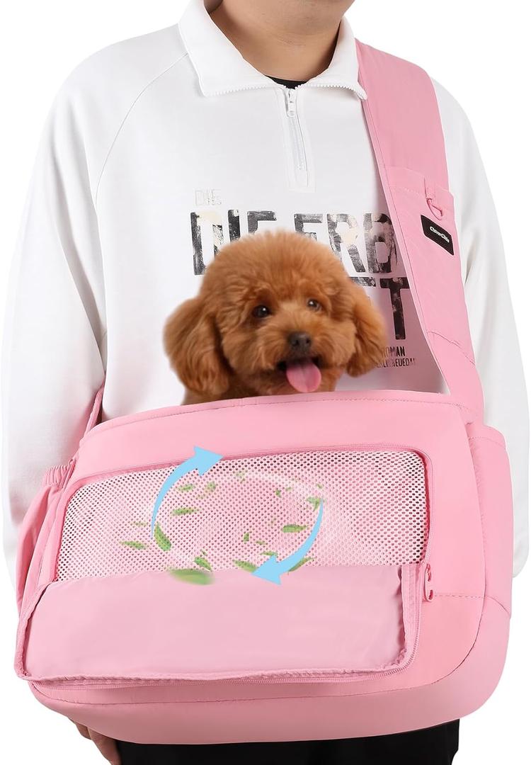 Dog Sling Carrier for Small Medium Dogs & Cats, Fits 718lbs, Soft Puffy Lightweight Pet Sling Carrier with Adjustable Padded Strap and Storage Pocket, Hands-Free for Travel, Hiking & Outdoor Pink