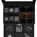Jenseits Watch Box for Mens Jewelry Box, 6 Slot Watch Case & 3 Slot Sunglasses Organizer, Lockable PU Leather Jewelry Organizer Watch Display Storage W/Drawer For Rings Bracelets, Gift for Men Women (Black+Black)