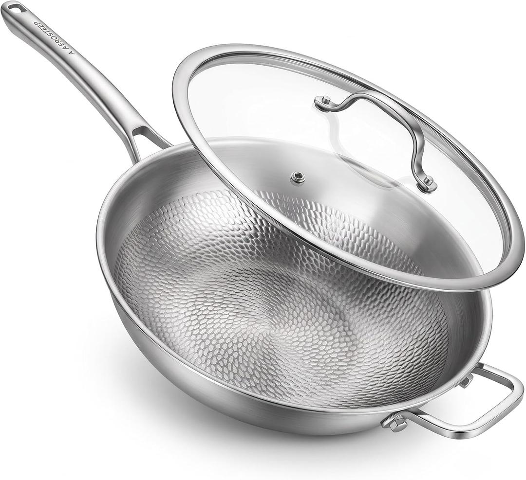 Titanium Wok Pan with Lid – 12" Non-Toxic PFAS-Free Woks & Stir-fry Pans, Tri-Ply Titanium & Stainless Steel, Induction & Dishwasher Safe