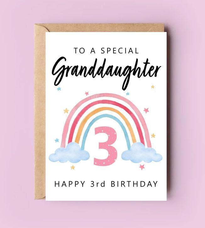 PTDShops Happy 3Rd Birthday To A Special Granddaughter Card - Rainbow Cute Card - Granddaughter's Third Birthday - Age 3 - Three Year Old - Getting Card - Gifts For Granddaughter From Grandparents