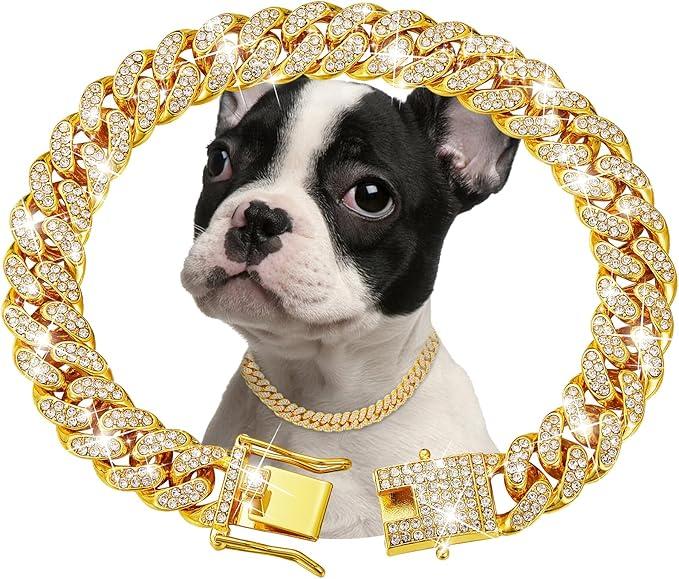 Gold Dog Chain Collar Diamond Cuban Link Dog Collar 13mm Wide Dog Necklace Metal Cat Chain Pet Crystal Collar Jewelry Accessories for Small Medium Large Dogs Cats(10inch)