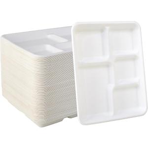 Vplus 100% Compostable 5 Compartment Plates 125 Pack EcoFriendly Disposable Sugarcane 10 x 8 inch Bagasse School Lunch Tray Perfect for Boys and Girls