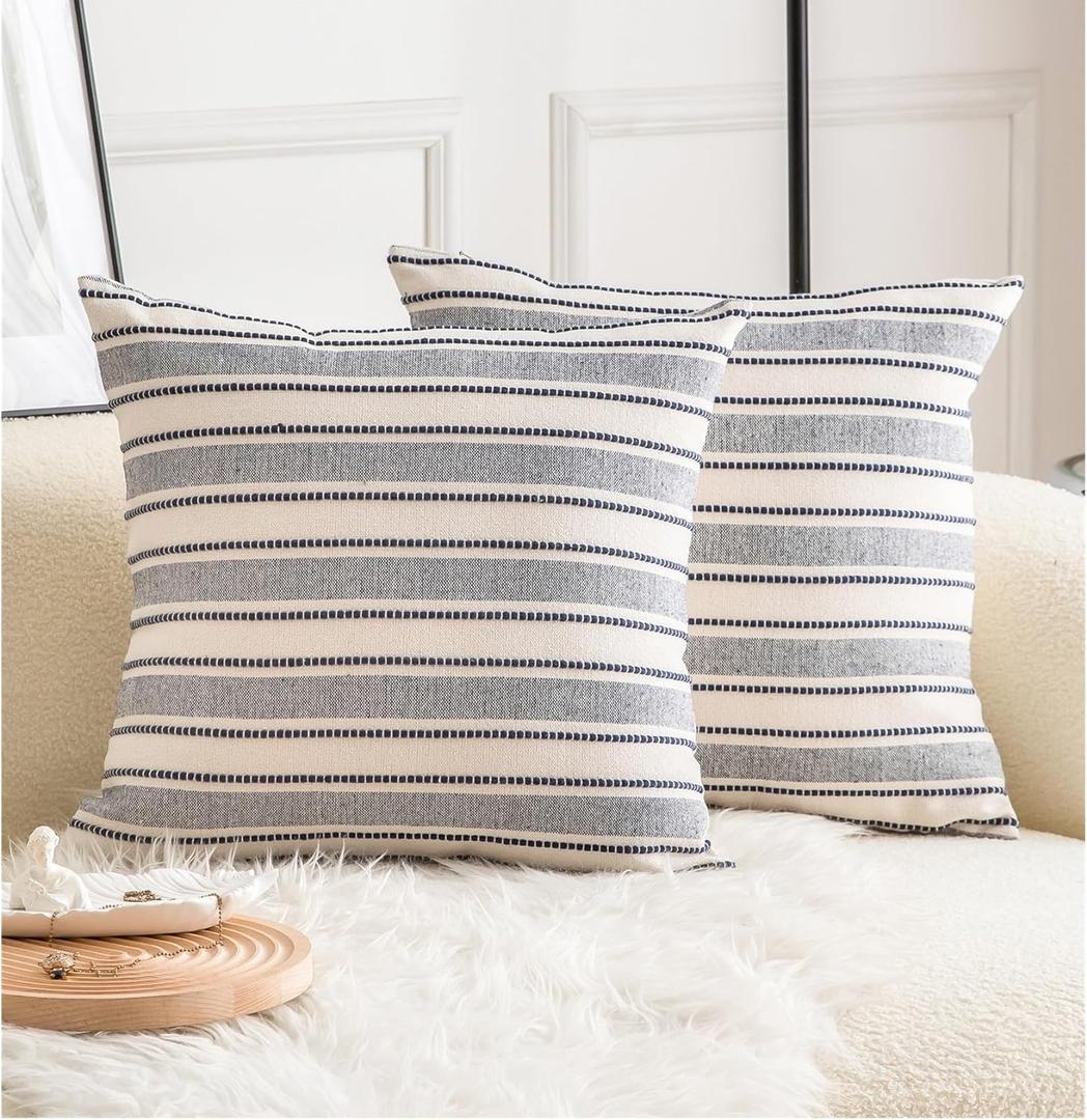Cethom Decorative Boho Throw Pillow Covers, Farmhouse Textured Pillow Case, 22 x 22 Inch Set of 2, Chair Sofa Bedroom Living Room Decor Couch Cushion Case, Navy Blue and Beige Striped