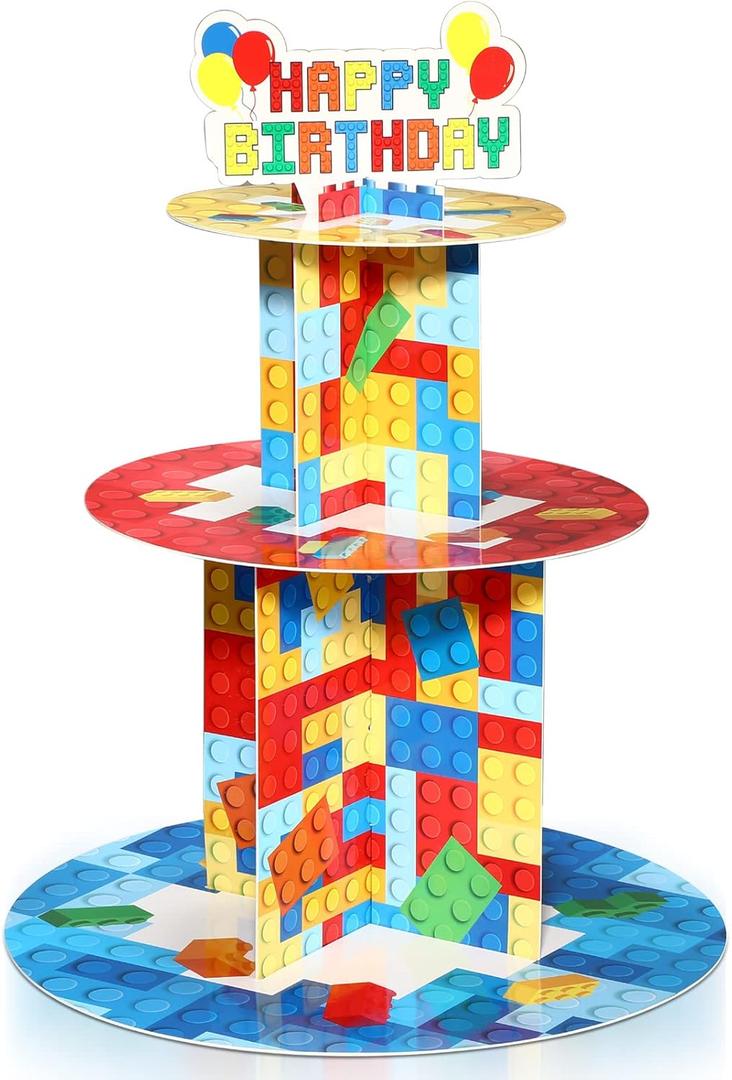 Zopeal Building Block Cupcake Stand 3 Tier Colorful Blocks Happy Birthday Theme Cupcake & Cake Stand Holder Cardboard Dessert Tower for Kids Birthday Party Supplies