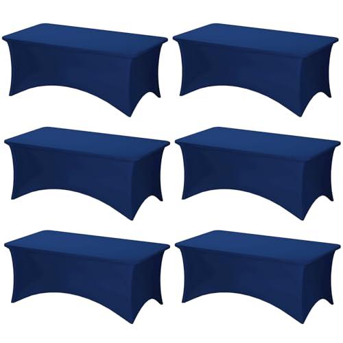 Fixwal 6 Pack 6Ft Navy Blue Table Cover, Spandex Fitted Tablecloths Rectangle, Wrinkle-Free and Stretch Folding Table Cloth for Banquet, Party, Trade Show, Graduation