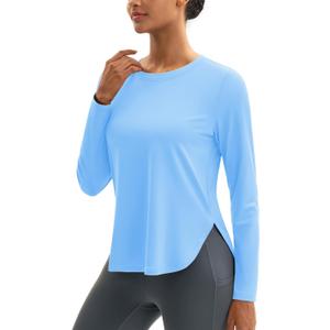 MAGCOMSEN Women's Sun Shirts UPF 80+ Long Sleeve Quick Dry Workout Tops | Moisture-wicking, Sun Protection, UV Protection, High Side Splits, Soft, Lightweight, Athletic, Running, Hiking, Yoga, Golf (Blue, XL)
