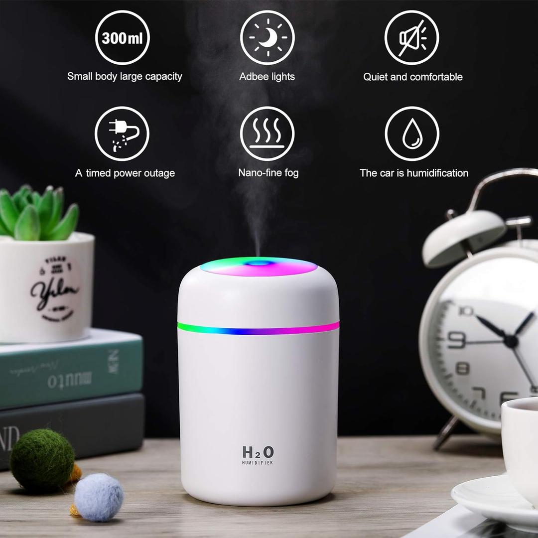 1 Pieces Cool Mist Portable Mini Humidifiers, 300 ml, Quiet USB Personal Desktop Humidifiers with 2 Mist Modes and Auto Shut Off for Bedroom Home (Pink, White)