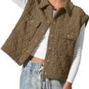 Womens Puffer Vest Quilted Collared Sleeveless Jacket Button Down Outerwear with Pockets (Medium, Khaki)
